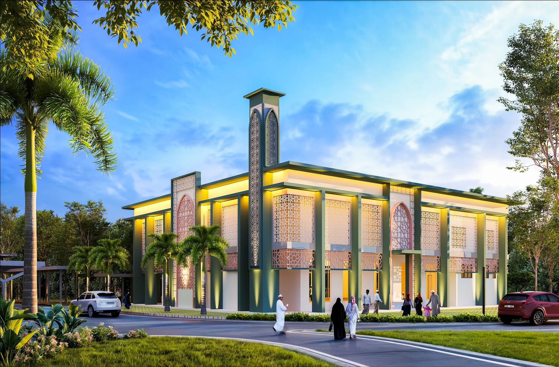 Exterior features: modern facade with decorative screens, two-storey building, large arched windows, green accents on the structure, landscaped garden with palm trees, manicured lawn, driveway leading to the entrance, outdoor lighting, surrounding greenery, clear blue sky; style: modern.